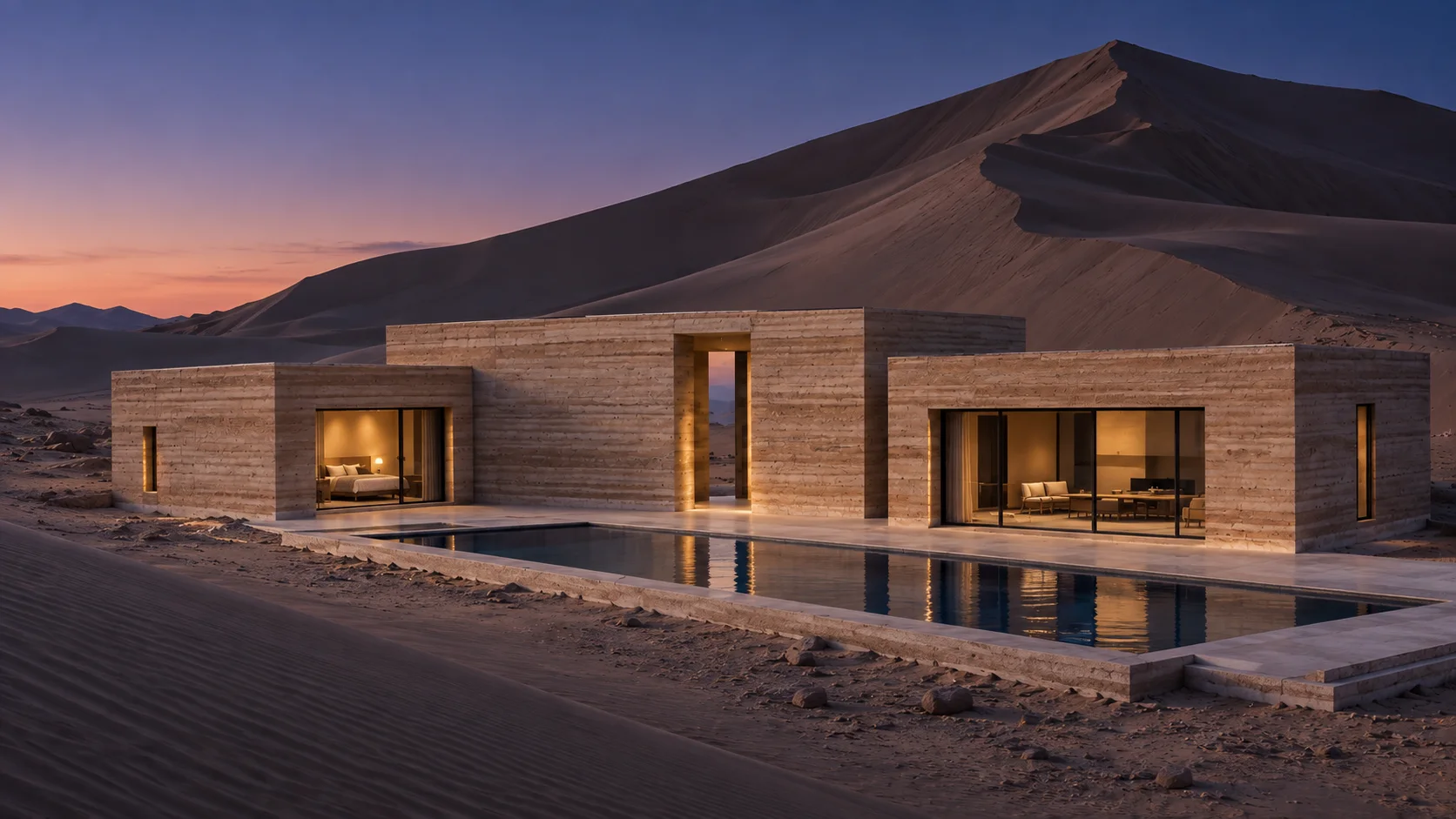 Warmly illuminated retreat and pool beneath a blue-violet desert dusk