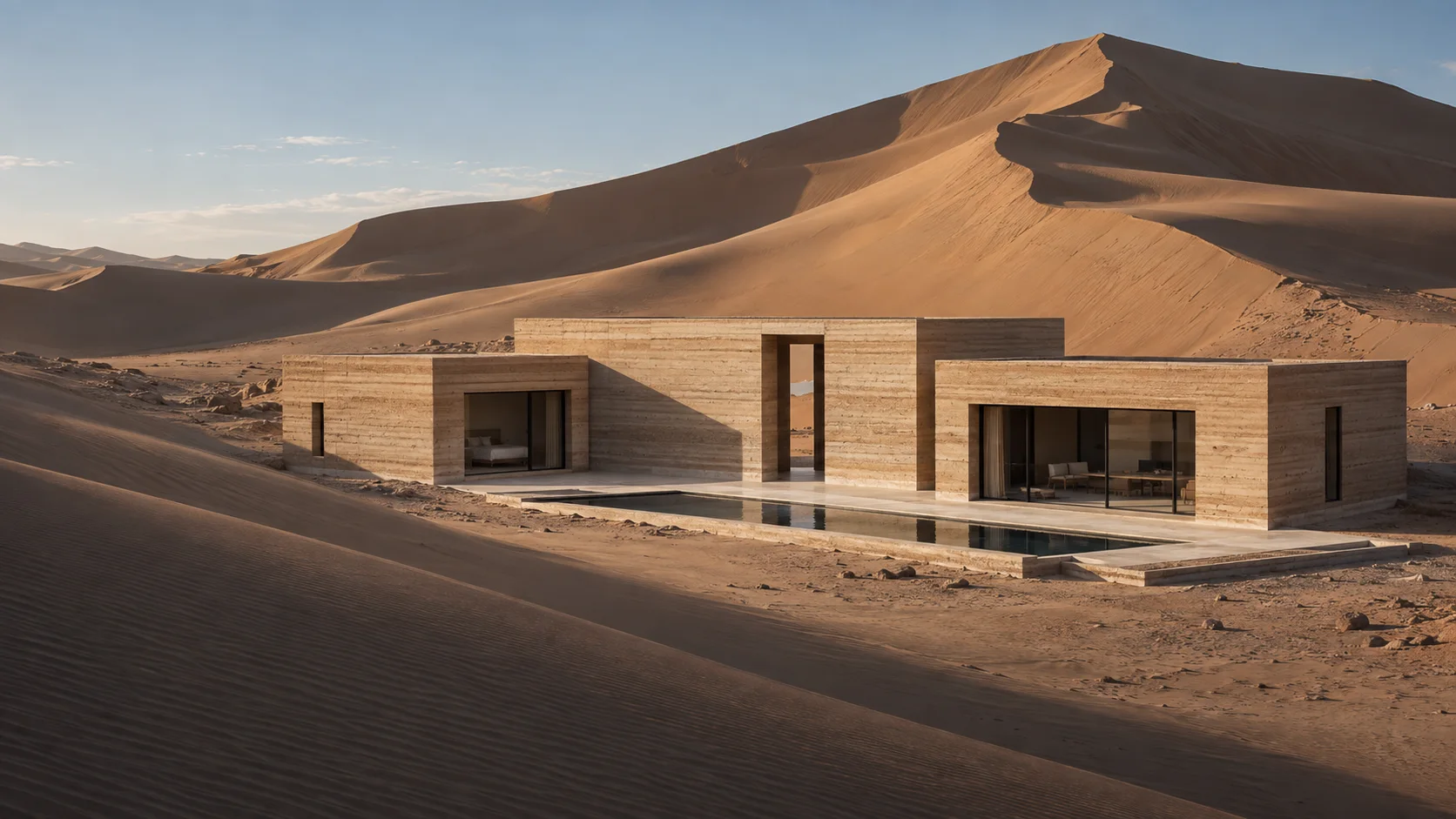Three low architectural volumes nestled against the dunes