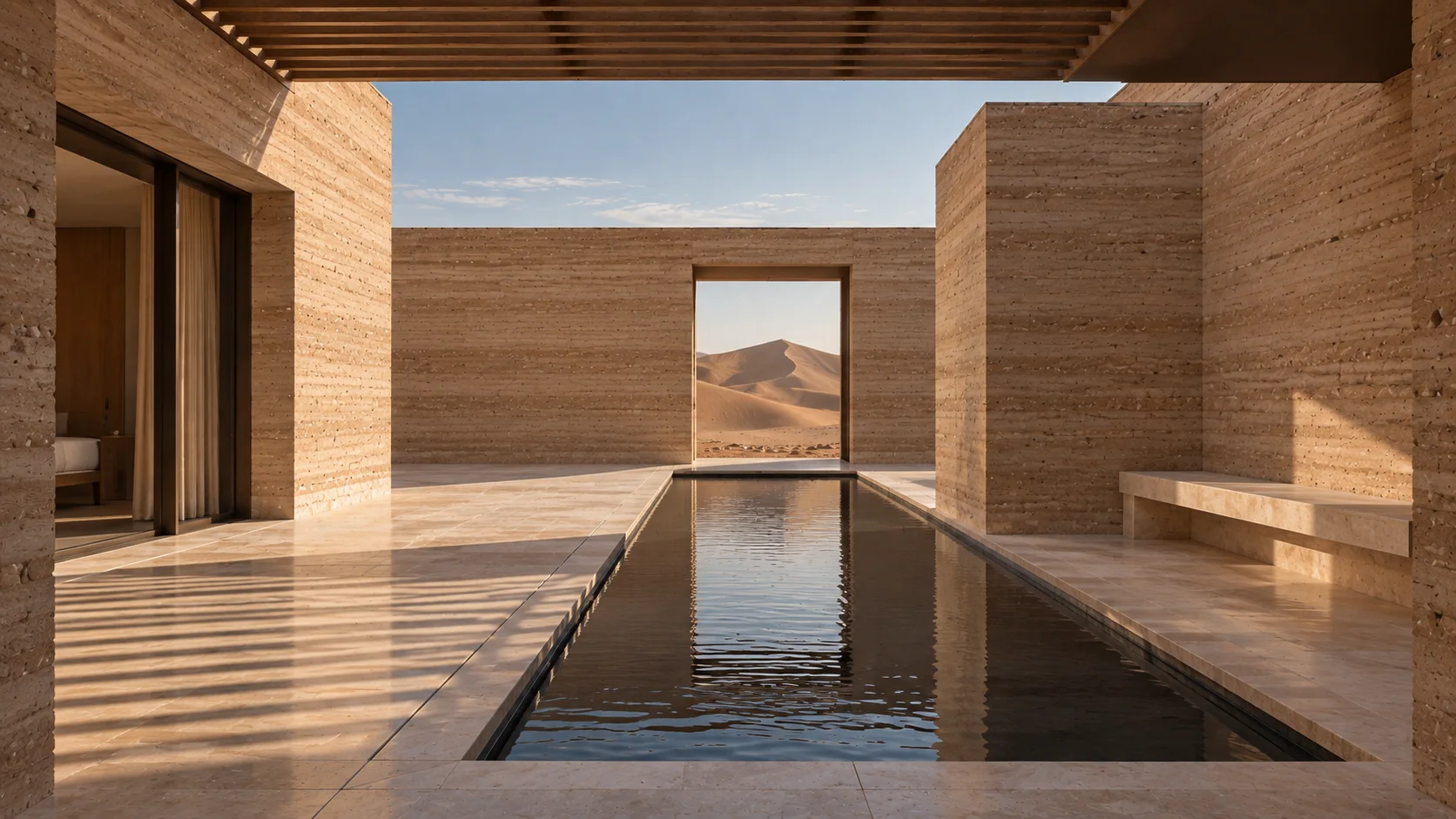 Sheltered courtyard with a long reflecting pool and timber shade