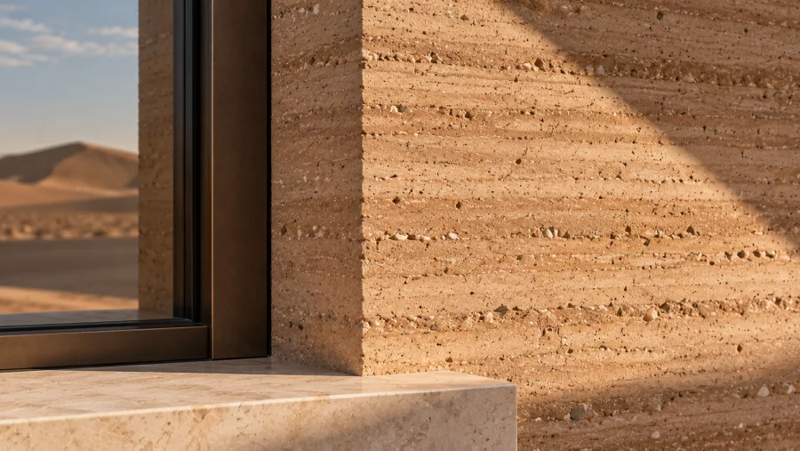 Close-up of sediment layers, a bronze window frame and a pale stone sill