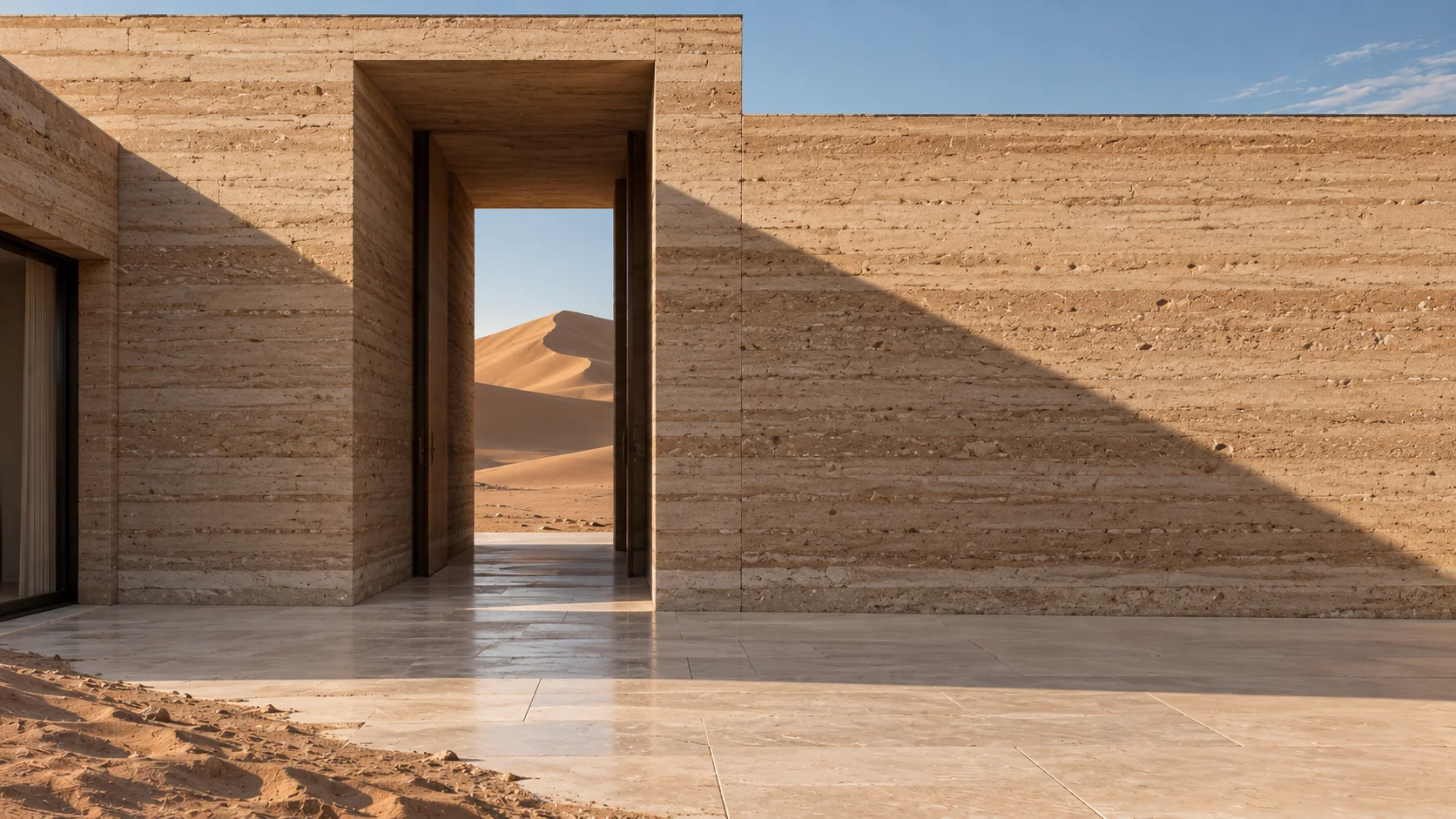 Tall rectangular passage framing a distant dune